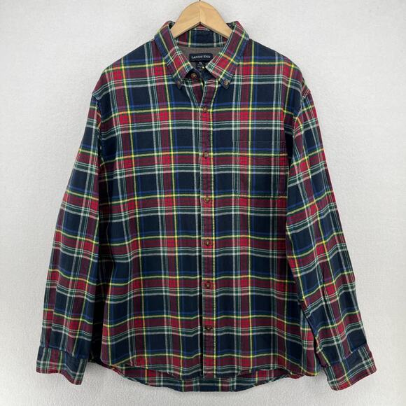 LANDS END Shirt Mens XL 17-17.5 Plaid Traditional Fit Flannel Button Down Blue - Picture 2 of 14